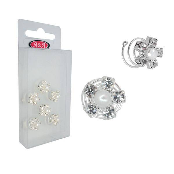 Hårspiral silver med strass pärla blomma 6 st